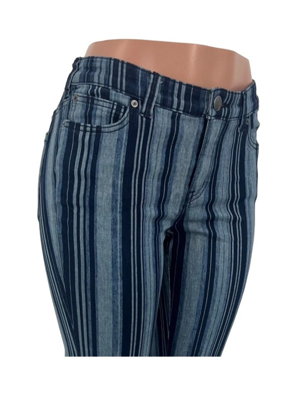 RARE NWT Free People Blue Stripe Super Flare Bell Bottom Jeans | Costal Cowgirl - Picture 7 of 16